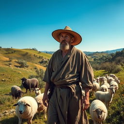 A serene historical scene set in 1576 Spain, featuring a mature shepherd man with weathered features, dressed in traditional rustic attire, complete with a wide-brimmed straw hat and a simple tunic