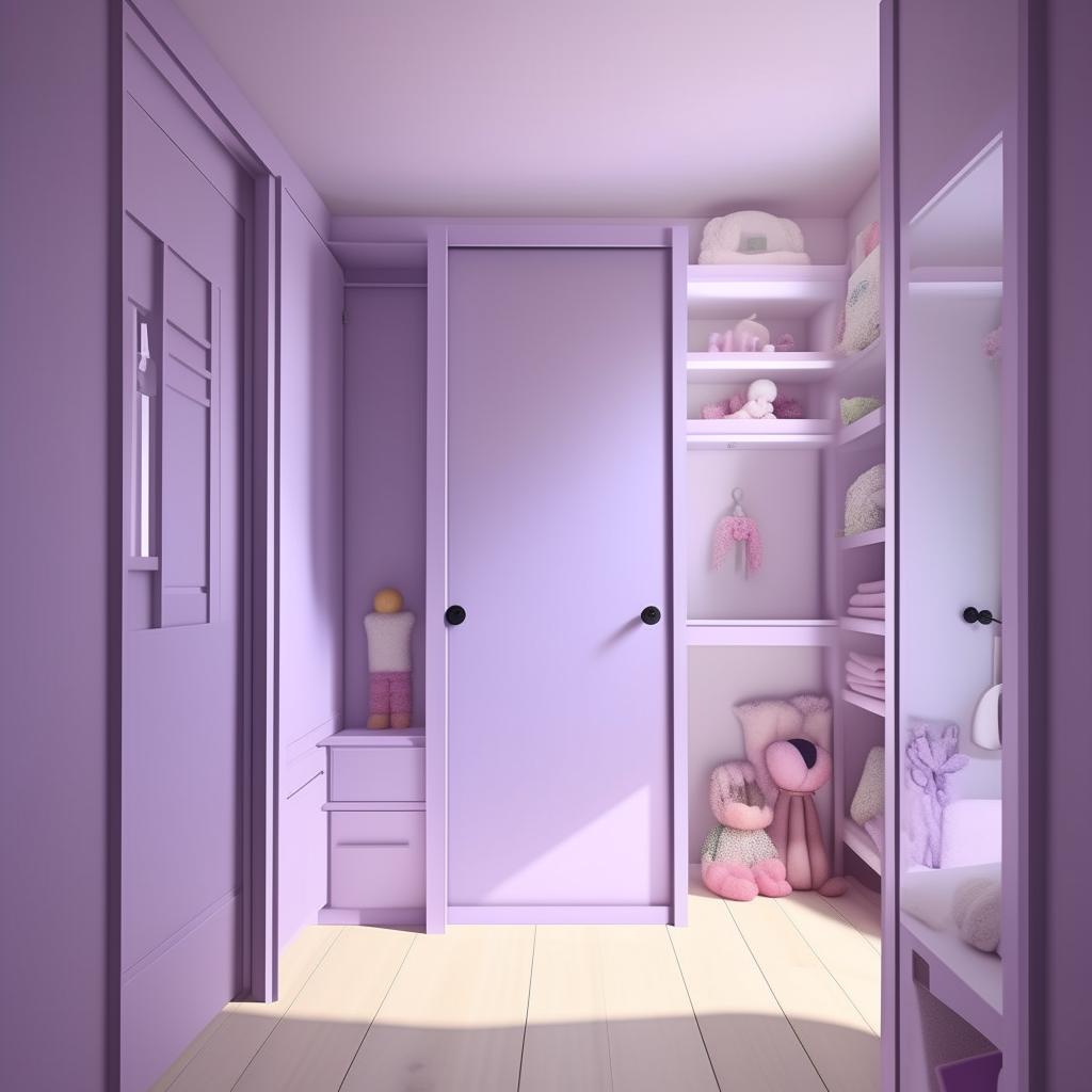 Create an image of a 10x12 room for a 14-year-old girl with a design that's not overly childish. North side features a full sliding door, east side contains storage and shelving, south side has a room door, toilet door, and wardrobe, and west side is the bed wall. Color theme should be light lavender and white.