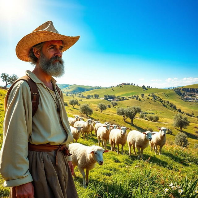 A serene historical scene set in 1576 Spain, featuring a mature shepherd man with weathered features, dressed in traditional rustic attire, complete with a wide-brimmed straw hat and a simple tunic