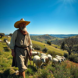 A serene historical scene set in 1576 Spain, featuring a mature shepherd man with weathered features, dressed in traditional rustic attire, complete with a wide-brimmed straw hat and a simple tunic