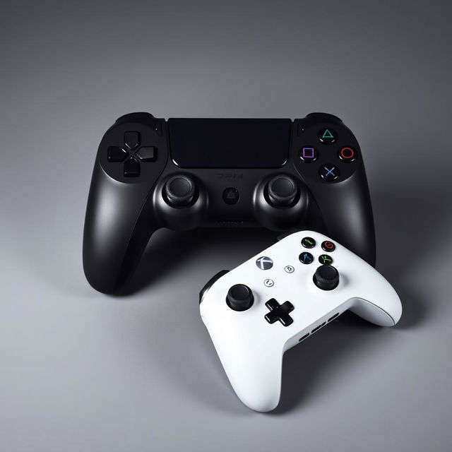 A sleek black gaming device displayed prominently in the center, accompanied by a stylish white wireless controller resting beside it, set against a smooth grey background