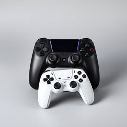 A sleek black gaming device displayed prominently in the center, accompanied by a stylish white wireless controller resting beside it, set against a smooth grey background