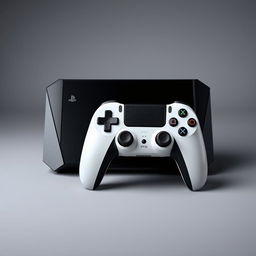 A sleek black gaming device displayed prominently in the center, accompanied by a stylish white wireless controller resting beside it, set against a smooth grey background