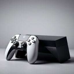 A sleek black gaming device displayed prominently in the center, accompanied by a stylish white wireless controller resting beside it, set against a smooth grey background