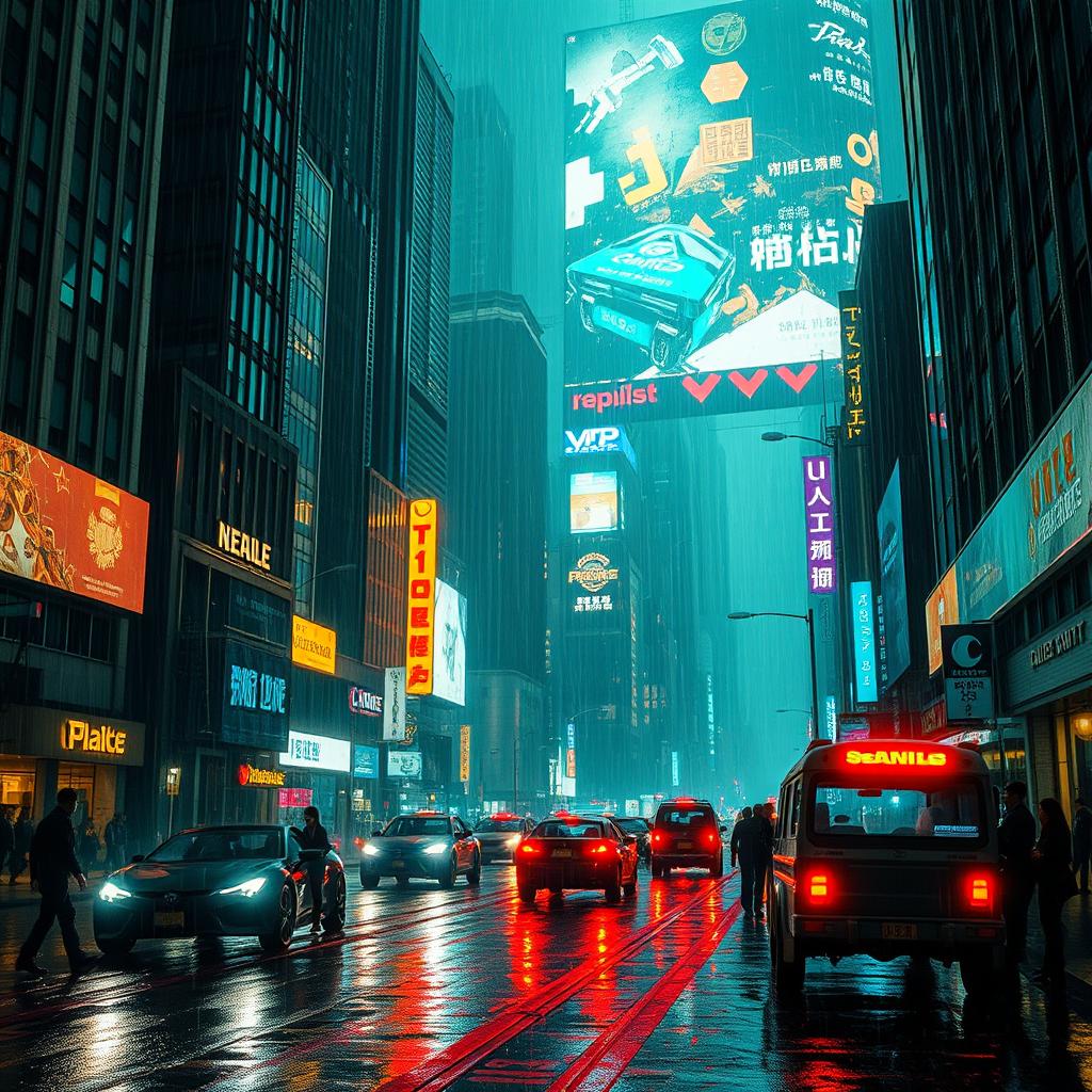 A dystopian cityscape at night, illuminated by neon lights and tall, decaying skyscrapers