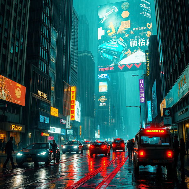 A dystopian cityscape at night, illuminated by neon lights and tall, decaying skyscrapers