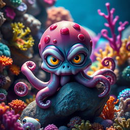 A young Kraken with a twisted but somewhat cute appearance, featuring disproportionately large, expressive eyes that shine with a mischievous glint