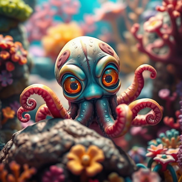 A young Kraken with a twisted but somewhat cute appearance, featuring disproportionately large, expressive eyes that shine with a mischievous glint