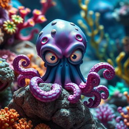 A young Kraken with a twisted but somewhat cute appearance, featuring disproportionately large, expressive eyes that shine with a mischievous glint