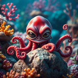 A young Kraken with a twisted but somewhat cute appearance, featuring disproportionately large, expressive eyes that shine with a mischievous glint