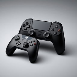 A sleek black gaming device showcased prominently in the center, accompanied by a matching black wireless controller resting beside it, all set against a smooth grey background