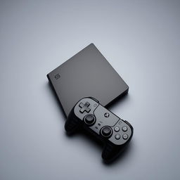 A sleek black gaming device showcased prominently in the center, accompanied by a matching black wireless controller resting beside it, all set against a smooth grey background