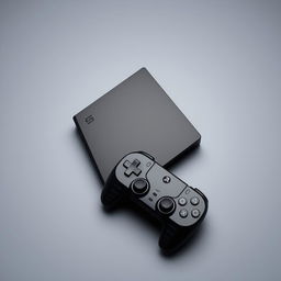 A sleek black gaming device showcased prominently in the center, accompanied by a matching black wireless controller resting beside it, all set against a smooth grey background