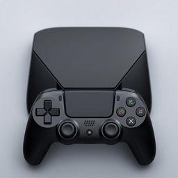 A sleek black gaming device showcased prominently in the center, accompanied by a matching black wireless controller resting beside it, all set against a smooth grey background