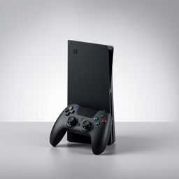 A sleek black gaming device showcased prominently in the center, accompanied by a matching black wireless controller resting beside it, all set against a smooth grey background