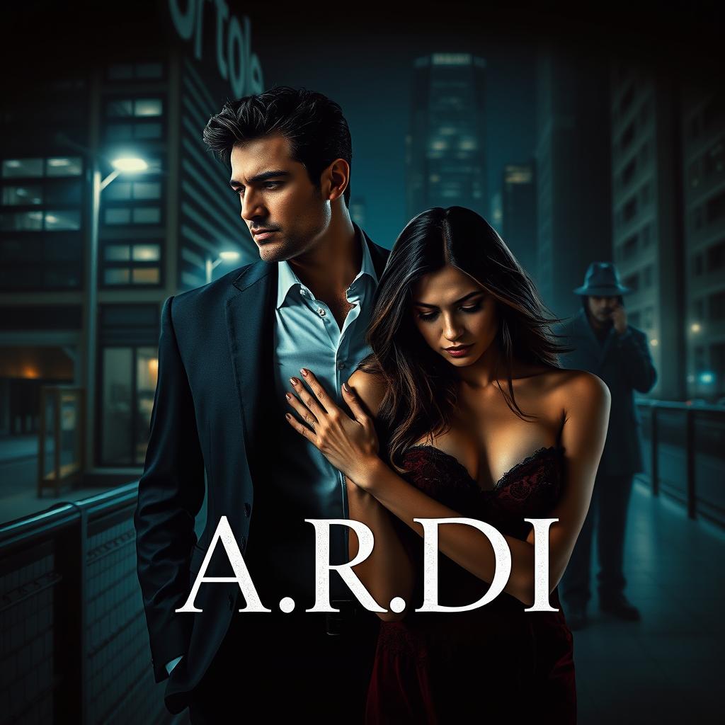 A book cover in the dark romance style, featuring a wealthy man and a vulnerable woman in a contemporary urban setting at night