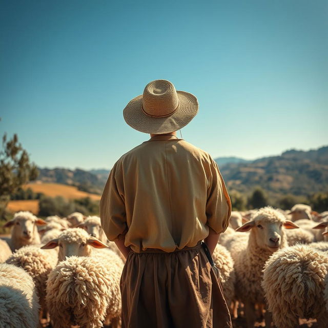 A captivating historical scene set in 1576 Spain, featuring a teenage shepherd from behind as he walks with his flock of fluffy white sheep