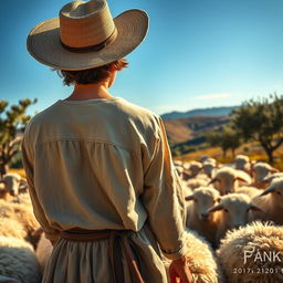 A captivating historical scene set in 1576 Spain, featuring a teenage shepherd from behind as he walks with his flock of fluffy white sheep