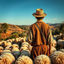 A captivating historical scene set in 1576 Spain, featuring a teenage shepherd from behind as he walks with his flock of fluffy white sheep