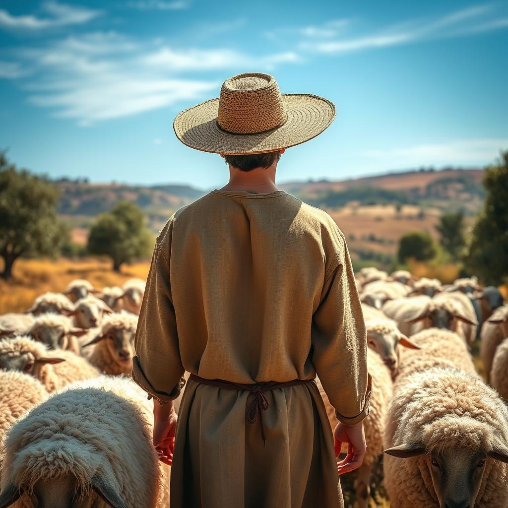 A captivating historical scene set in 1576 Spain, featuring a teenage shepherd from behind as he walks with his flock of fluffy white sheep