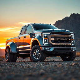 An incredible 2027 Ford F1100 V12 diesel truck, showcasing its futuristic and powerful design with a sleek, aerodynamic body