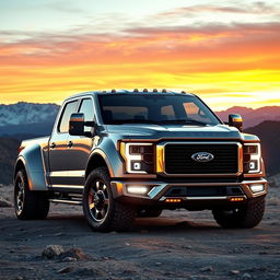 An incredible 2027 Ford F1100 V12 diesel truck, showcasing its futuristic and powerful design with a sleek, aerodynamic body