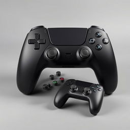 A large black gaming device showcased prominently in the center, featuring a robust design and sleek contours