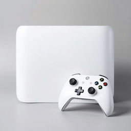 A large white gaming device showcased prominently in the center, featuring a sleek and modern design with smooth lines and rounded edges