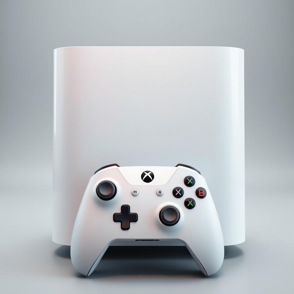 A large white gaming device showcased prominently in the center, featuring a sleek and modern design with smooth lines and rounded edges