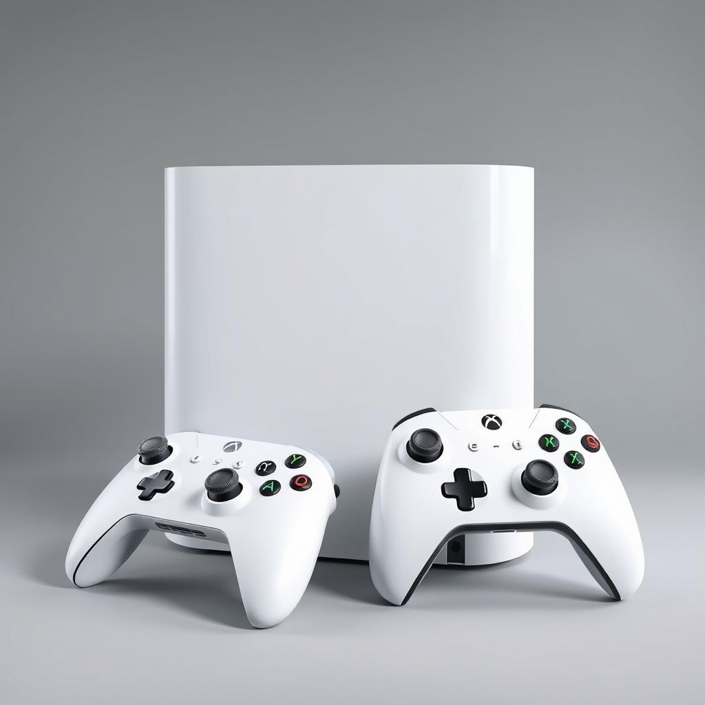 A large white gaming device showcased prominently in the center, featuring a sleek and modern design with smooth lines and rounded edges