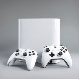 A large white gaming device showcased prominently in the center, featuring a sleek and modern design with smooth lines and rounded edges