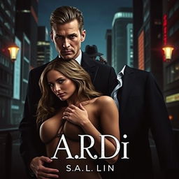 A captivating book cover in the dark romance style, featuring a wealthy man and a vulnerable woman amidst the eerie backdrop of a modern nighttime city