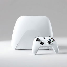 A large white gaming device prominently displayed in the center, featuring a modern and sleek design with smooth edges and a glossy finish