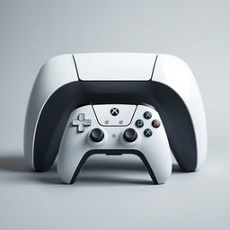 A large white gaming device prominently displayed in the center, featuring a modern and sleek design with smooth edges and a glossy finish