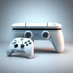 A large white gaming device prominently displayed in the center, featuring a modern and sleek design with smooth edges and a glossy finish