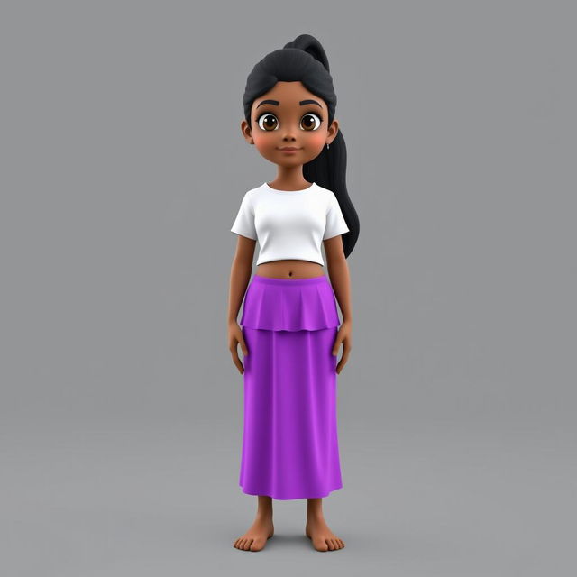 A 3D model of an Indian girl with dark skin and long black hair tied in a ponytail