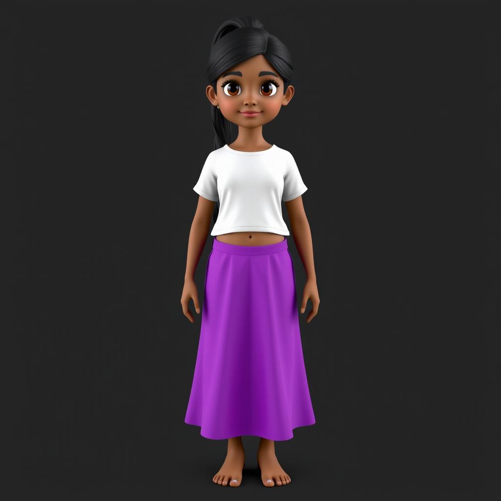 A 3D model of an Indian girl with dark skin and long black hair tied in a ponytail