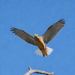 A beautiful bird spreading its wings, ready to take flight against a clear blue sky.