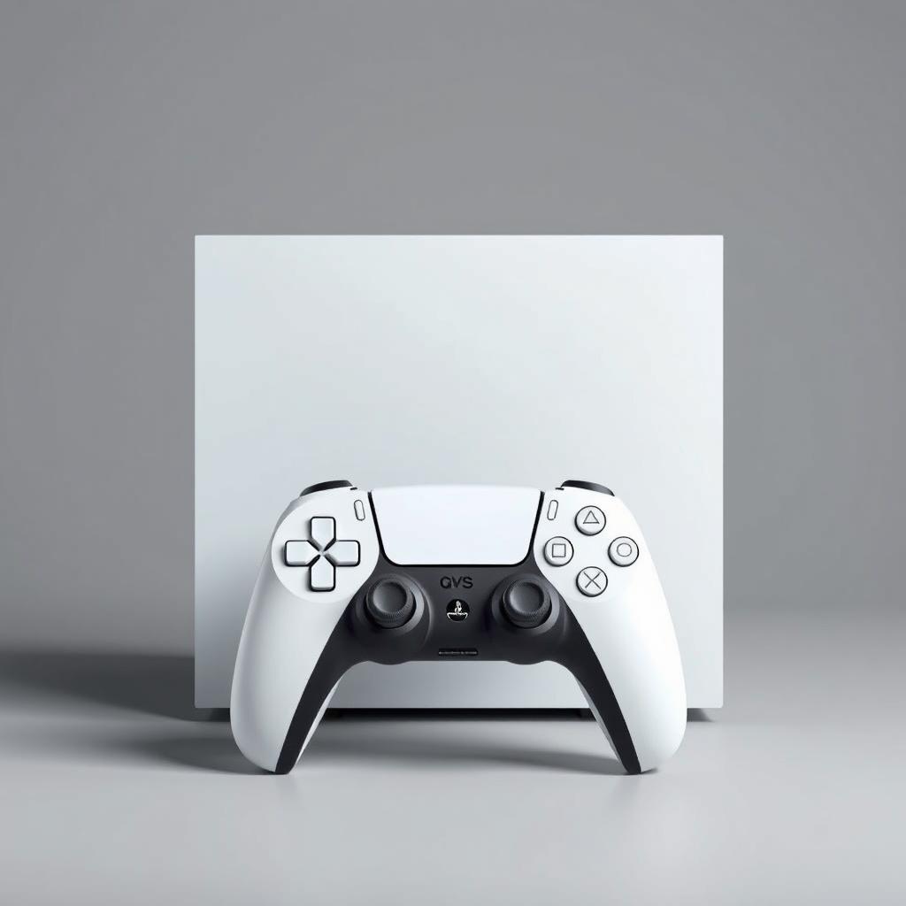 A white squared gaming device prominently displayed in the center, designed with sharp corners and a minimalistic aesthetic that exudes modernity