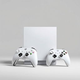 A white squared gaming device prominently displayed in the center, designed with sharp corners and a minimalistic aesthetic that exudes modernity