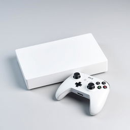 A white rectangular gaming device prominently displayed in the center, featuring a clean and modern design with sharp edges and a smooth matte finish