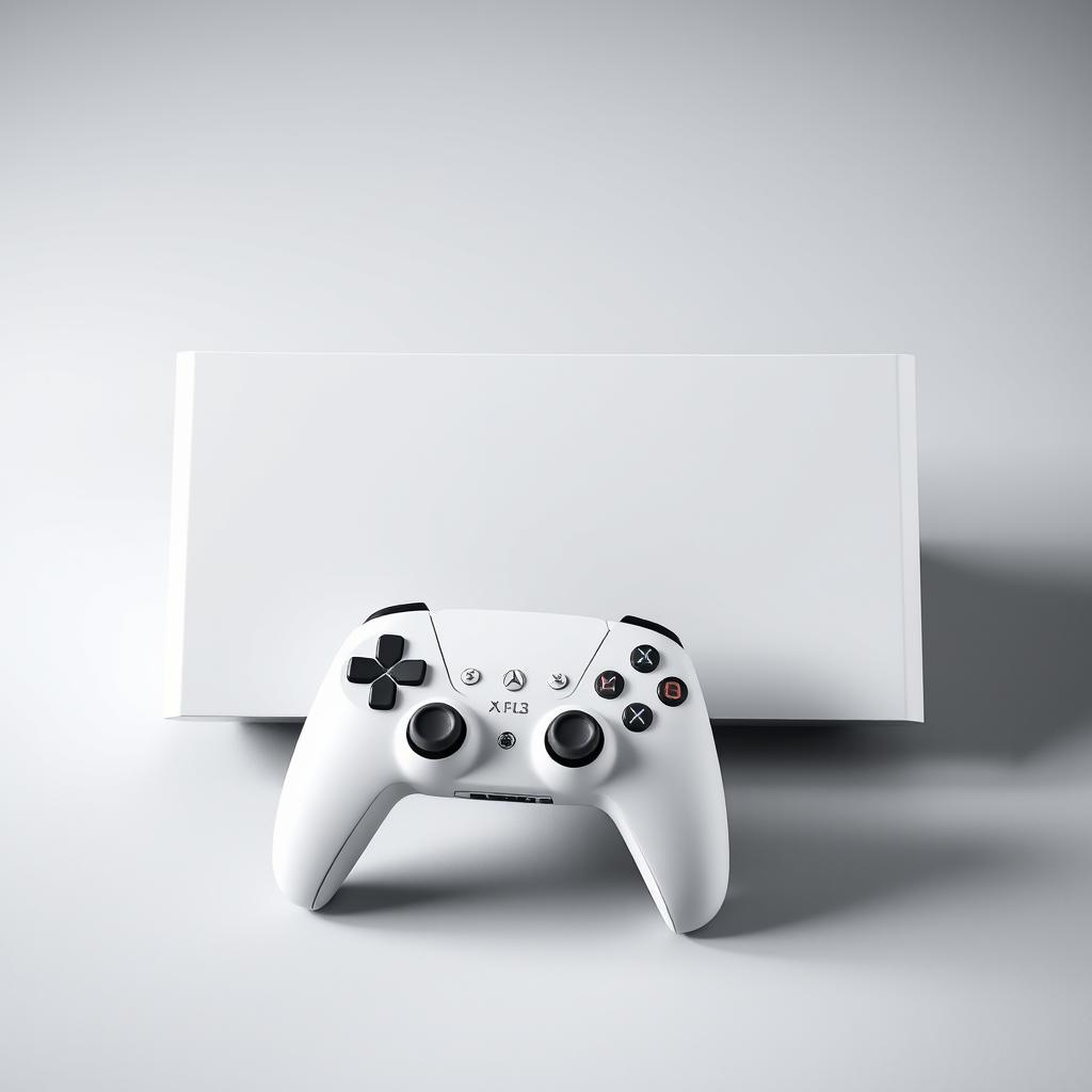 A white rectangular gaming device prominently displayed in the center, featuring a clean and modern design with sharp edges and a smooth matte finish