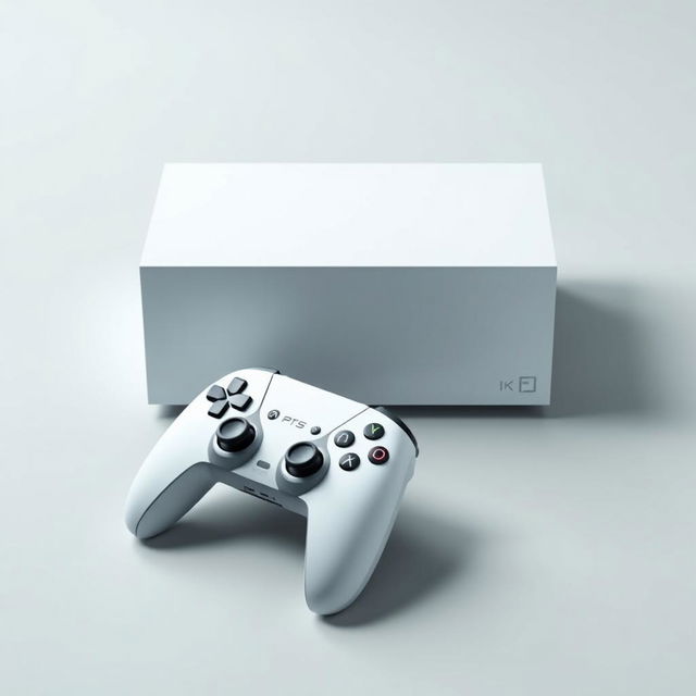 A white rectangular gaming device prominently displayed in the center, featuring a clean and modern design with sharp edges and a smooth matte finish