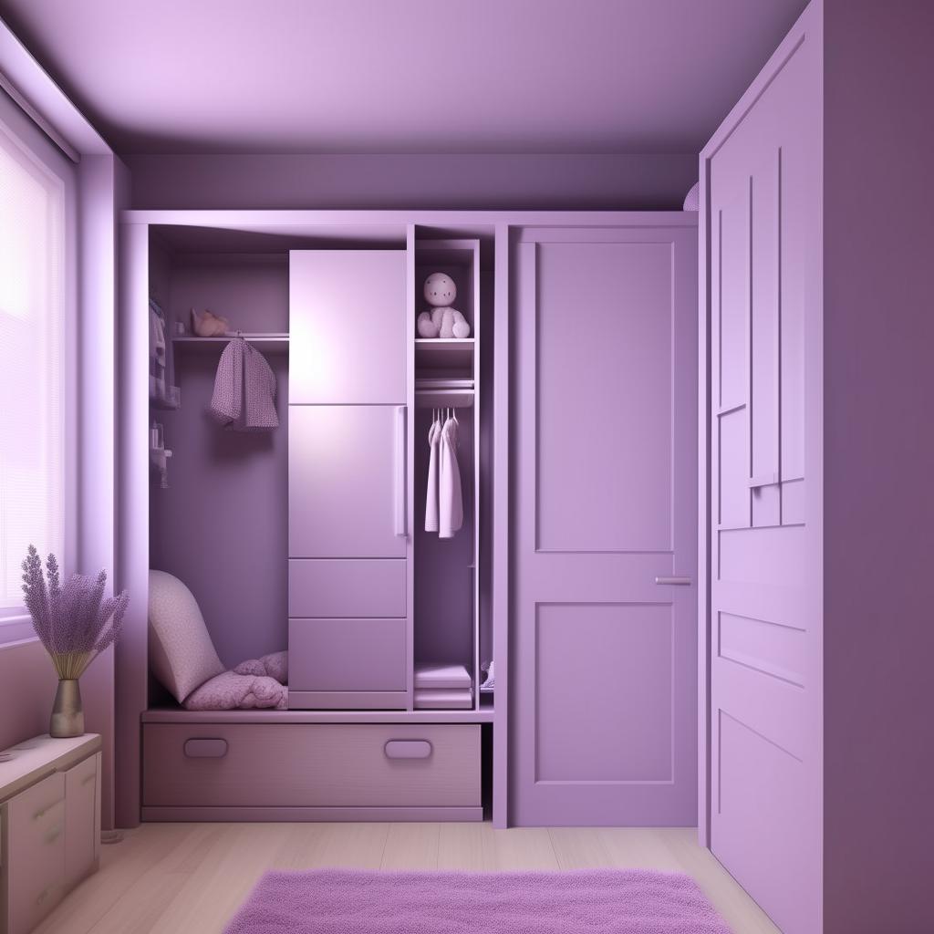 Create an image of a 10x12 room for a 14-year-old girl with a design that's not overly childish. North side features a full sliding door, east side contains storage and shelving, south side has a room door, toilet door, and wardrobe, and west side is the bed wall. Color theme should be light lavender and white.