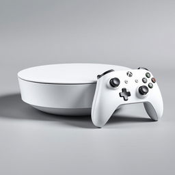 A white gaming device displayed prominently in the center, featuring a sleek and contemporary design with smooth curves and a polished surface