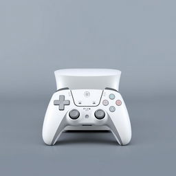 A white gaming device displayed prominently in the center, featuring a sleek and contemporary design with smooth curves and a polished surface