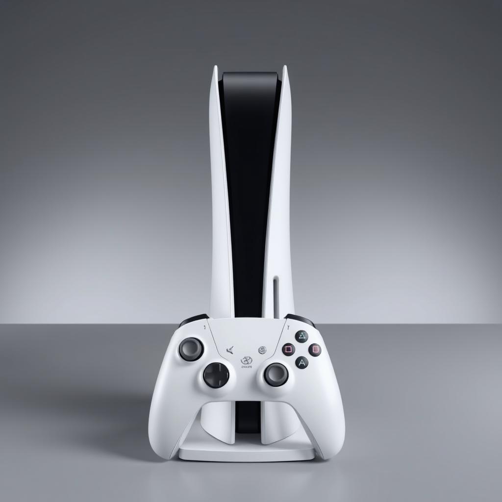 A white gaming device displayed prominently in the center, featuring a sleek and contemporary design with smooth curves and a polished surface