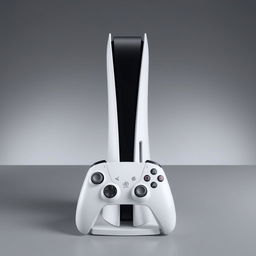 A white gaming device displayed prominently in the center, featuring a sleek and contemporary design with smooth curves and a polished surface