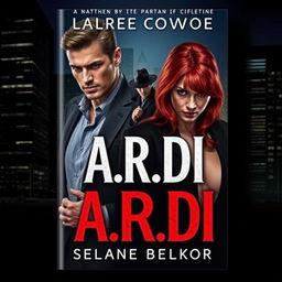 An intriguing book cover designed in the dark romance genre, featuring a wealthy man and a vulnerable woman with striking red hair, set against the backdrop of a modern nighttime city