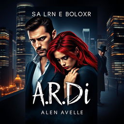 An intriguing book cover designed in the dark romance genre, featuring a wealthy man and a vulnerable woman with striking red hair, set against the backdrop of a modern nighttime city